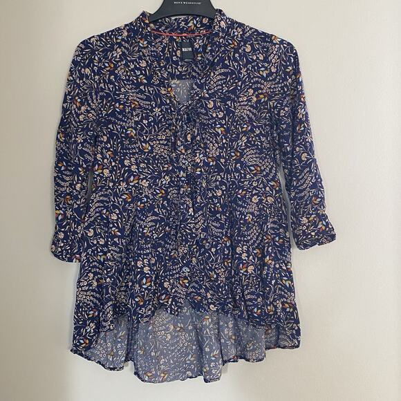 Maeve Anthropologie Floral Blouse Tie Neck Sz Small High Low Multicolor - Read - Picture 1 of 10